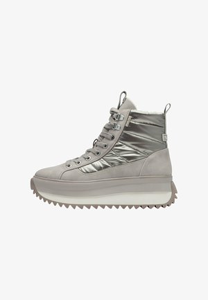 Gray high-top sneaker with thick platform sole, quilted shiny side panels, lace-up front, and pull tabs at tongue and heel.