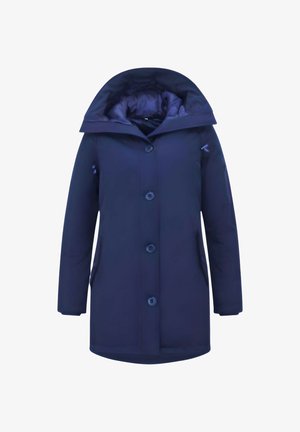 Marineblauwe, lange mouw, gecoate jas met capuchon, voorzien van vier knopen aan de voorkant en zijzakken, ontworpen voor koud weer.