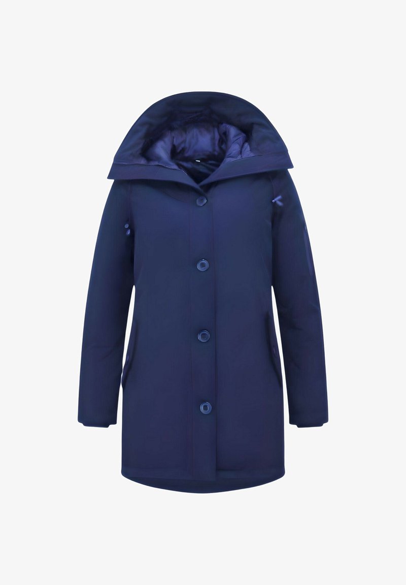Marineblauwe, lange mouw, gecoate jas met capuchon, voorzien van vier knopen aan de voorkant en zijzakken, ontworpen voor koud weer.