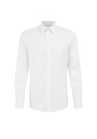 Camisa de dress de manga larga blanca, confeccionada en tejido suave, con cuello puntiagudo y frente con botones, además de un dobladillo curvado y puños estándar.
