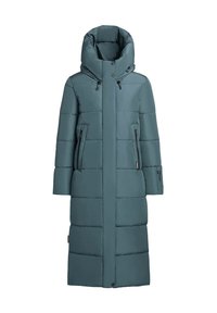 Długi, ocieplany płaszcz w kolorze morskim z wysokim kołnierzem, zamkiem z przodu i dwoma bocznymi kieszeniami. Gładka, matowa tkanina z pikowanymi sekcjami.