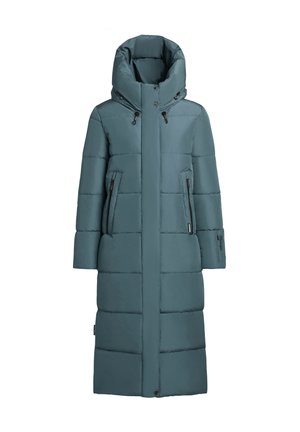 Langer, wattierter Mantel in Türkis mit hohem Kragen, Frontreißverschluss und zwei Seitentaschen. Glattes, mattes Gewebe mit gesteppten Abschnitten.