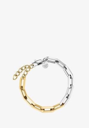 Gold- und Silberkette Armband mit wechselnden Gliedern, ausgestattet mit einem Karabinerhaken und einer verstellbaren Kette mit Verschlussdetail.