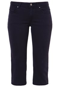 Ciemnoniebieskie jeansy o kroju crop, wykonane z denimu, z klasycznym pięciopocketowym designem i pojedynczym zapięciem na guzik z przodu.
