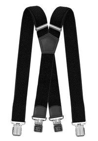 Schwarze gewebte Hosenträger mit strukturierter Oberfläche, silbernen Metallclips und einem zentralen Lederstück auf der Rückseite zur Verstärkung.