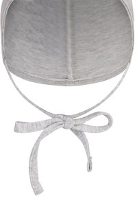 Gray cotton hat with a soft texture, featuring a rounded design, ties for secure fastening, and a subtle heathered pattern.