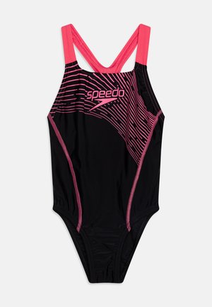 Bañador negro con acentos rosas y tirantes dobles en forma de cruz. Presenta un dinámico diseño lineal rosa y el logo de Speedo en la parte frontal.
