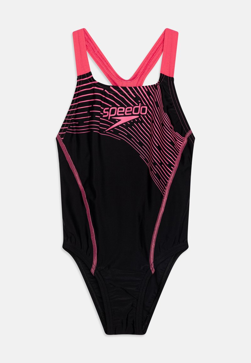 Bañador negro con acentos rosas y tirantes dobles en forma de cruz. Presenta un dinámico diseño lineal rosa y el logo de Speedo en la parte frontal.