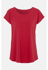 Rød, kortærmet t-shirt med scoop halsudskæring. Blød tekstur, afslappet pasform og buet kant for et afslappet look. Ingen mønstre eller detaljer.