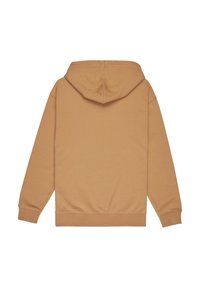 Sweat à capuche de couleur brun clair, fabriqué en tissu doux. Comprend une capuche à l'arrière du cou, des poignets côtelés, et un design uni. Aucun logo ou motif visible.