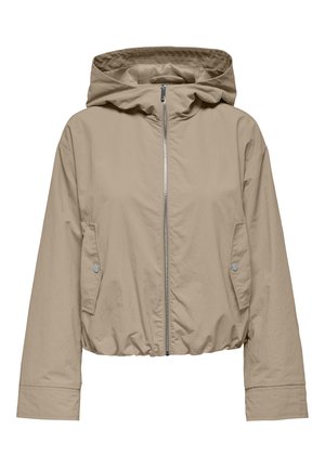 Beige cropped jack met capuchon, voorkant met rits en twee zijzakken. Gemaakt van lichtgewicht stof met een gladde textuur.