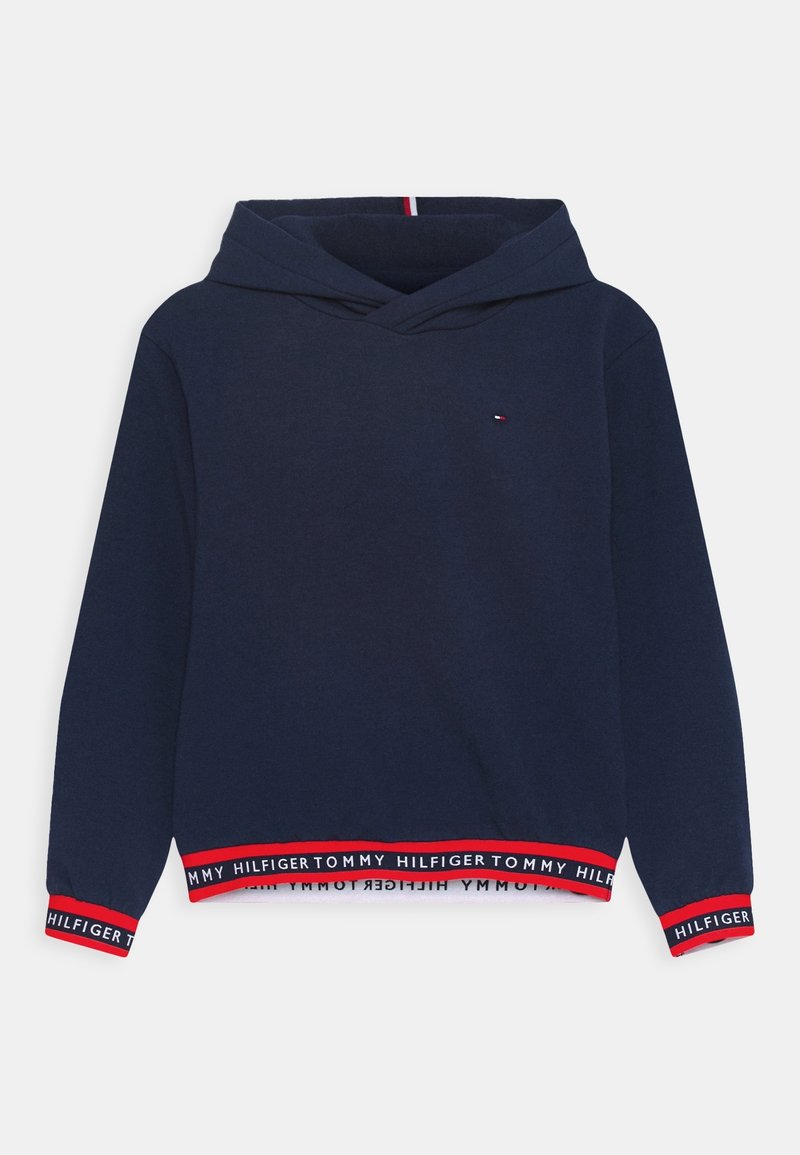 Felpa navy in cotone, con design a collo incrociato, polsini a righe rosse e bianche, e logo sul petto e sull'orlo.
