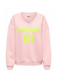 Sweat-shirt à col en V rose clair avec texte en relief jaune néon "SANTA MONICA" au-dessus du numéro "91" sur le devant, manches longues et poignets côtelés.