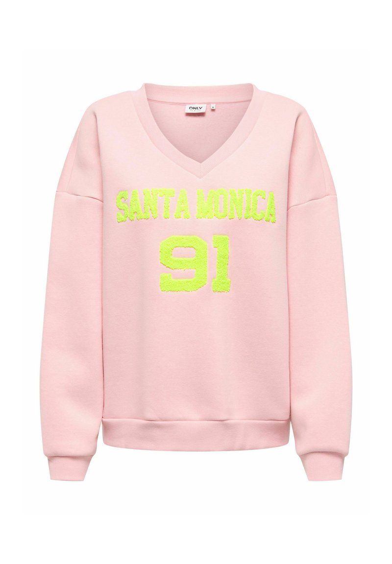Sweat-shirt à col en V rose clair avec texte en relief jaune néon "SANTA MONICA" au-dessus du numéro "91" sur le devant, manches longues et poignets côtelés.