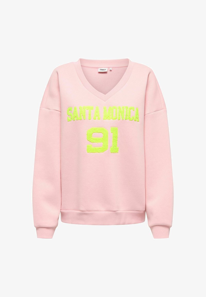 Sweat-shirt à col en V rose clair avec texte en relief jaune néon "SANTA MONICA" au-dessus du numéro "91" sur le devant, manches longues et poignets côtelés.
