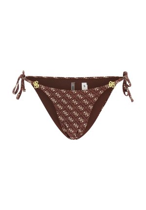 Brauner Bikinihose mit beigem Monogramm-Muster, seitlichen Bindebändern und kleinen goldenen Logo-Verzierungen an den Hüften, Größe Small gezeigt.