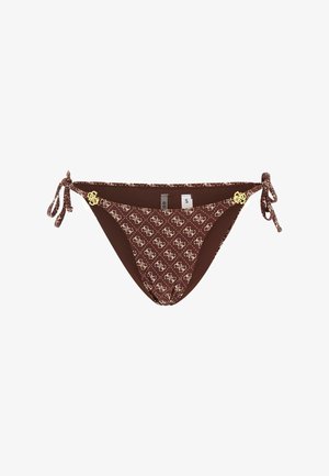 Brauner Bikinihose mit beigem Monogramm-Muster, seitlichen Bindebändern und kleinen goldenen Logo-Verzierungen an den Hüften, Größe Small gezeigt.