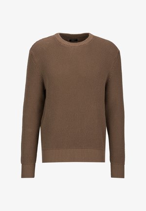 Brown knitted long-sleeve crewneck sweater with textured pattern and ribbed cuffs and hem, displayed on white background.
