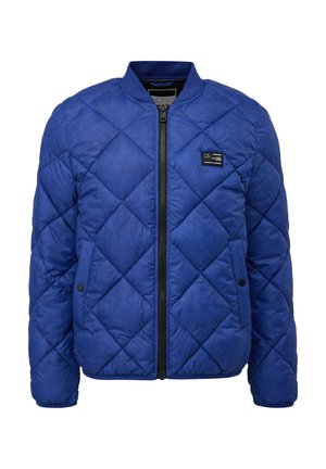 Blauwe gewatteerde bomberjack met een ronde kraag, ritssluiting aan de voorkant en zijzakken; heeft een gestructureerde afwerking en een ruitpatroonsteek.