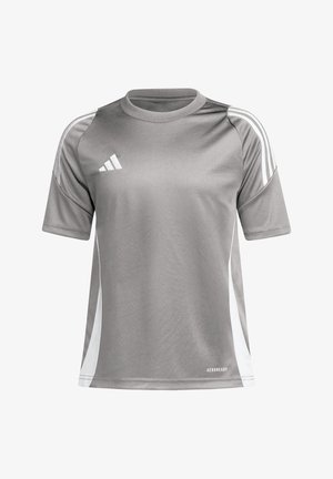 Graues sportliches T-Shirt mit kurzen Ärmeln, Rundhalsausschnitt, weißen Akzenten an den Seiten und weißem Adidas-Logo auf der linken Vorderseite. AEROREADY-Branding am Saum.
