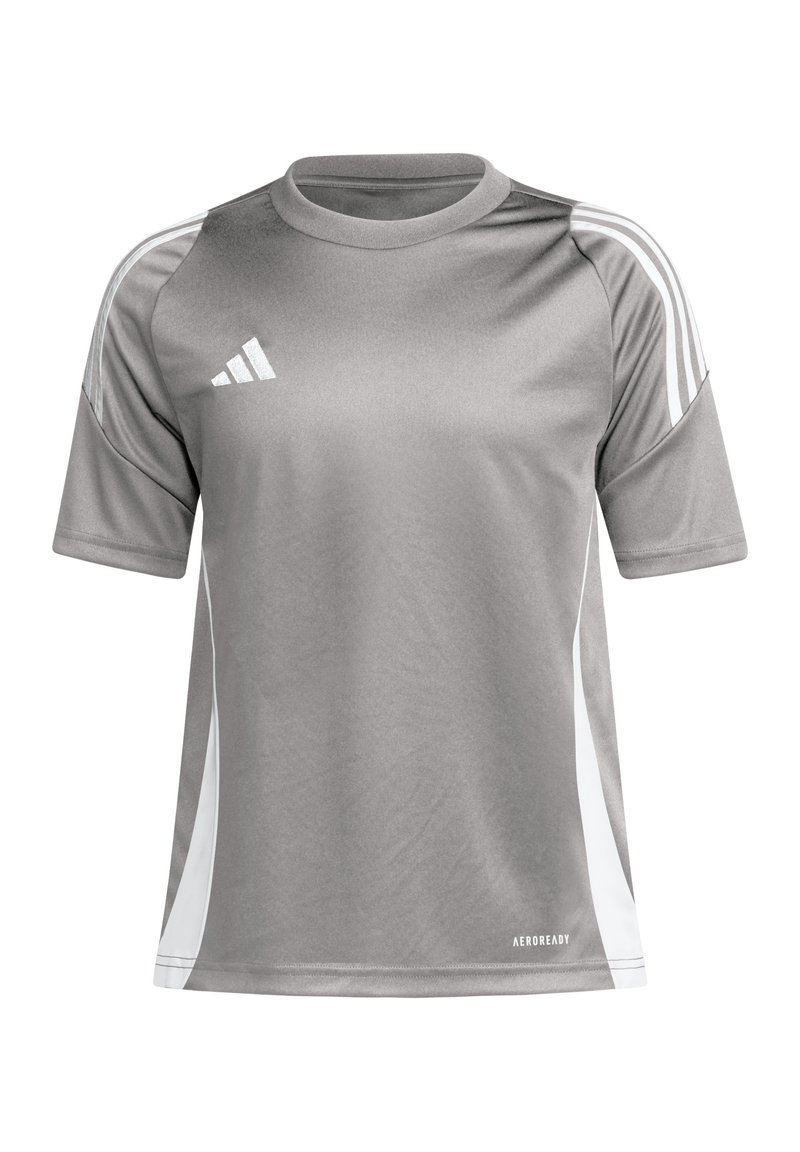 Maglietta sportiva grigia con maniche corte, scollatura rotonda, dettagli bianchi ai lati e logo Adidas bianco sul lato sinistro. Marchio AEROREADY sull'orlo.