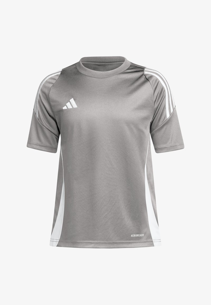 Graues sportliches T-Shirt mit kurzen Ärmeln, Rundhalsausschnitt, weißen Akzenten an den Seiten und weißem Adidas-Logo auf der linken Vorderseite. AEROREADY-Branding am Saum.