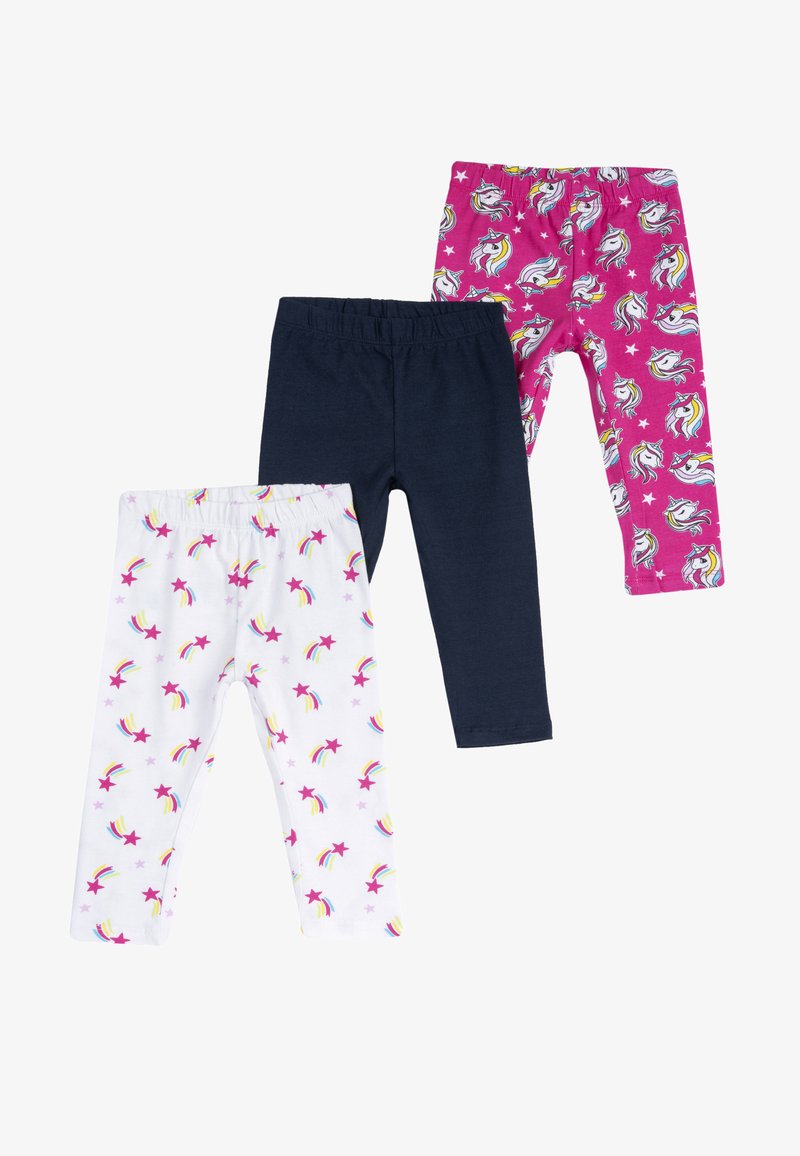 Drie paren kinderleggings: wit met een regenboog- en sterrenprint, marineblauw en roze met eenhoorns. Ze hebben allemaal elastische taillebanden.