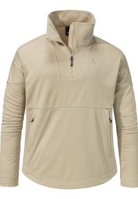 Beige Fleece-Pullover mit Halbreißverschluss-Kragen, ausgestattet mit einer Brusttasche und seitlichen Reißverschlusstaschen, glatter Textur und minimalen Logo-Details.