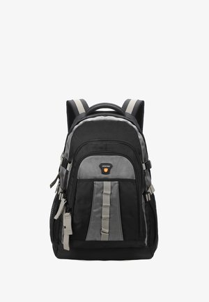 Black and gray multi-compartment backpack with padded straps, side mesh pockets, and front loops for attaching gear, branded "Aoking."
