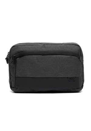 Gray fabric messenger bag with a front zipper pocket, rectangular shape, padded design, and black bottom panel, offering a sleek, minimalist look.