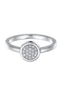 Anello d'argento con un top circolare impreziosito da numerosi cristalli trasparenti incastonati, band liscia e finitura lucida.