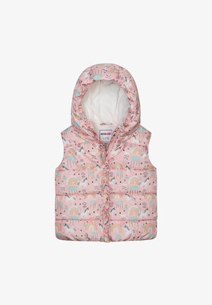 Chaleco acolchado de tela rosa claro con un estampado de unicornio y arcoíris, con un suave forro blanco y una capucha para mayor calidez.