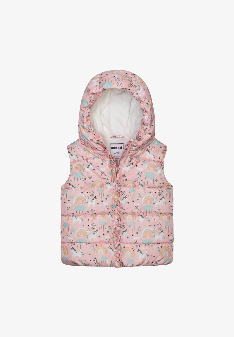 Vaatteet vaaleanpunaisesta kankaasta, jossa on pehmustettu liivi, yksisarvis- ja sateenkaarikuvio, pehmeä valkoinen vuori ja huppu lisälämpöä varten.