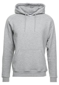 Sudadera gris con capucha, bolsillo canguro delantero y puños acanalados. Tela suave y texturizada con cordones. Diseño clásico de pull-over.