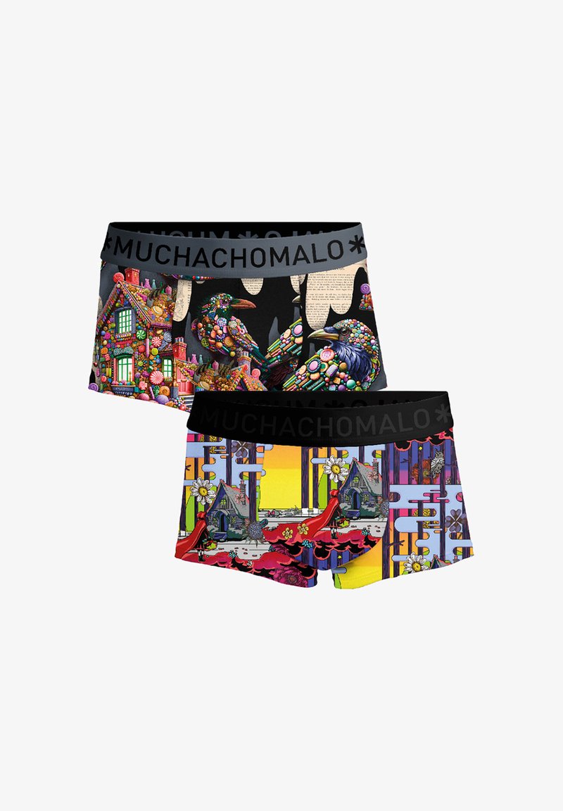 Due paia di boxer con design colorati e dettagliati: uno con uccelli e case ricoperte di caramelle, l'altro con case, fiori e colori del tramonto.