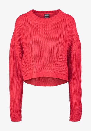 Bright red chunky knit sweater with long sleeves, crew neckline, and slightly cropped hem, labeled Urban Classics XS.