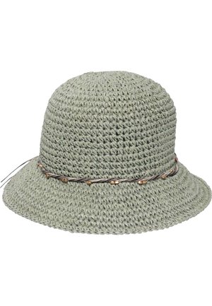 Light green woven bucket hat with a braided decorative band featuring small beads around the crown.