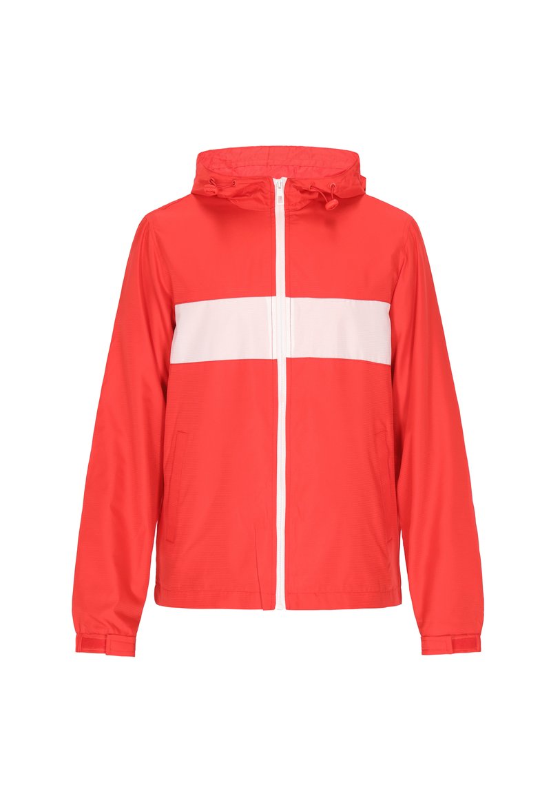 Giacca a vento rossa con striscia orizzontale bianca, zip frontale completa, cappuccio regolabile, due tasche laterali, polsini elasticizzati e una consistenza leggera.