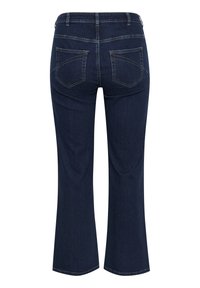 Jeans de mezclilla azul oscuro de corte acampanado y talle alto. Presentan dos bolsillos traseros con costura en forma de curva y un diseño de pierna recta.