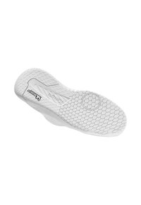Hvid sneakersål med et tekstureret honningkage mønster, der har et cirkulært designelement og et logo præget på siden.