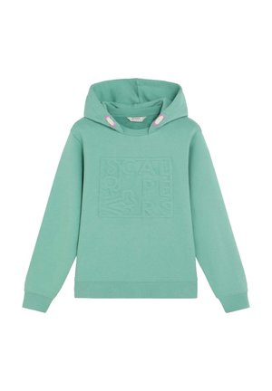 Sudadera con capucha de color verde claro, mangas largas y letras en relieve en bloque en el frente.