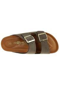 Šedé kožené sandály s dvěma nastavovacími přezkami, plochou podrážkou a polstrovanou stélkou, s hladkým povrchem a minimalistickým designem. Velikost 38.