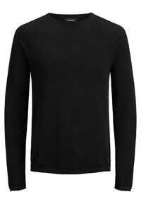 Svart långärmad tröja med rund halsringning, tillverkad av mjukt tyg, har en enkel design och åtsittande ärmar, med en rak nederkant.