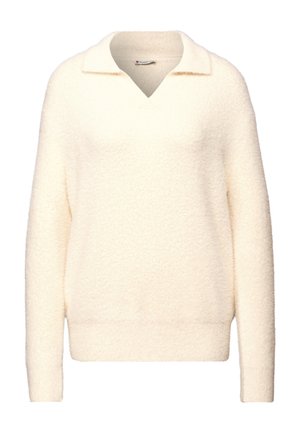 Suéter de color crema con un diseño de textura suave y esponjosa, cuello clásico y mangas largas con puños y dobladillo acanalados.