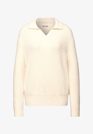 Cremefarbener Pullover mit einer weichen, flauschigen Textur, einem klassischen Kragen und langen Ärmeln mit gerippten Bündchen und Saum.