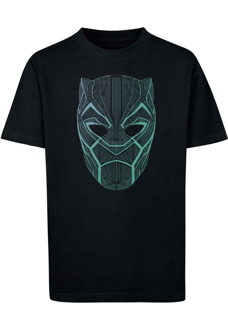 Czarny t-shirt bawełniany z turkusowym nadrukiem stylizowanej maski pantery, z misternymi wzorami linii i geometrycznymi kształtami.