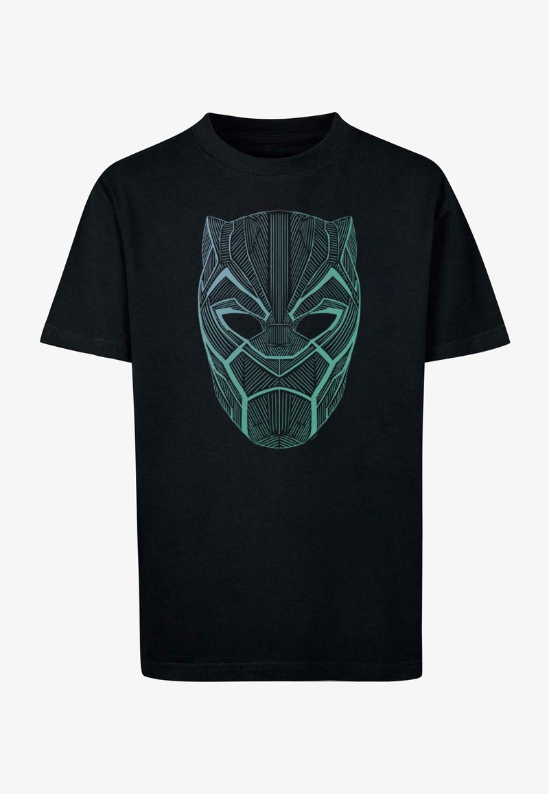 Black cotton t-shirt featuring a teal graphic of a stylized panther mask, with intricate line patterns and geometric shapes.