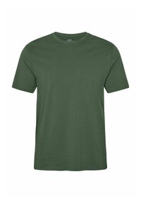 Enostavna temno zelena bombažna majica s kratkimi rokavi in okroglim izrezom, prikazana od spredaj na belem ozadju.