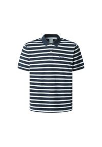 Navy and white striped polo shirt with a collar, two-button placket, and embroidered logo on the chest. Made from cotton blend material.