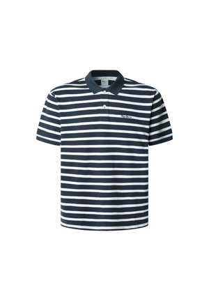 Polo à rayures bleu marine et blanches avec un col, une patte de boutonnage à deux boutons et un logo brodé sur la poitrine. Fabriqué en mélange de coton.